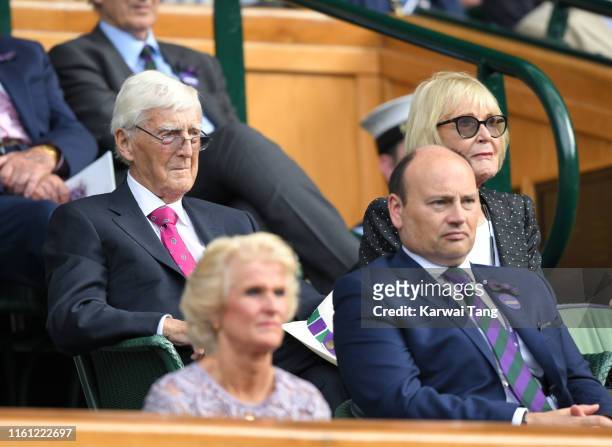 Sir Michael Parkinson and Lady Mary Parkinson attend day nine of the Wimbledon Tennis Championships at All England Lawn Tennis and Croquet Club on...