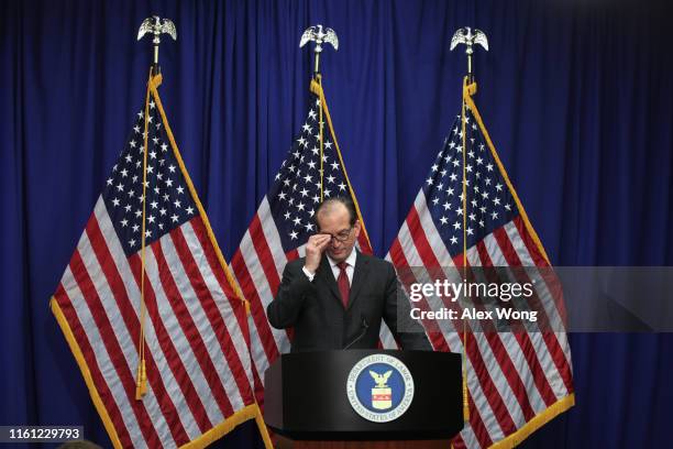 Secretary of Labor Alex Acosta speaks during a press conference July 10, 2019 at the Labor Department in Washington, DC. Secretary Acosta discussed...