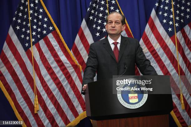 Secretary of Labor Alex Acosta speaks during a press conference July 10, 2019 at the Labor Department in Washington, DC. Secretary Acosta discussed...