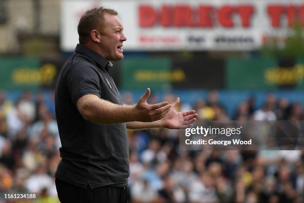 Steve Watson manager of York City reacts during the Pre-Season Friendly between York City and Leeds United at Bootham Crescent on July 10, 2019 in...
