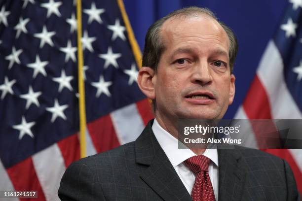 Secretary of Labor Alex Acosta speaks during a press conference July 10, 2019 at the Labor Department in Washington, DC. Secretary Acosta discussed...