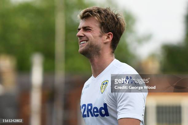 Patrick Bamford of Leeds United reacts during the Pre-Season Friendly between York City and Leeds United at Bootham Crescent on July 10, 2019 in...