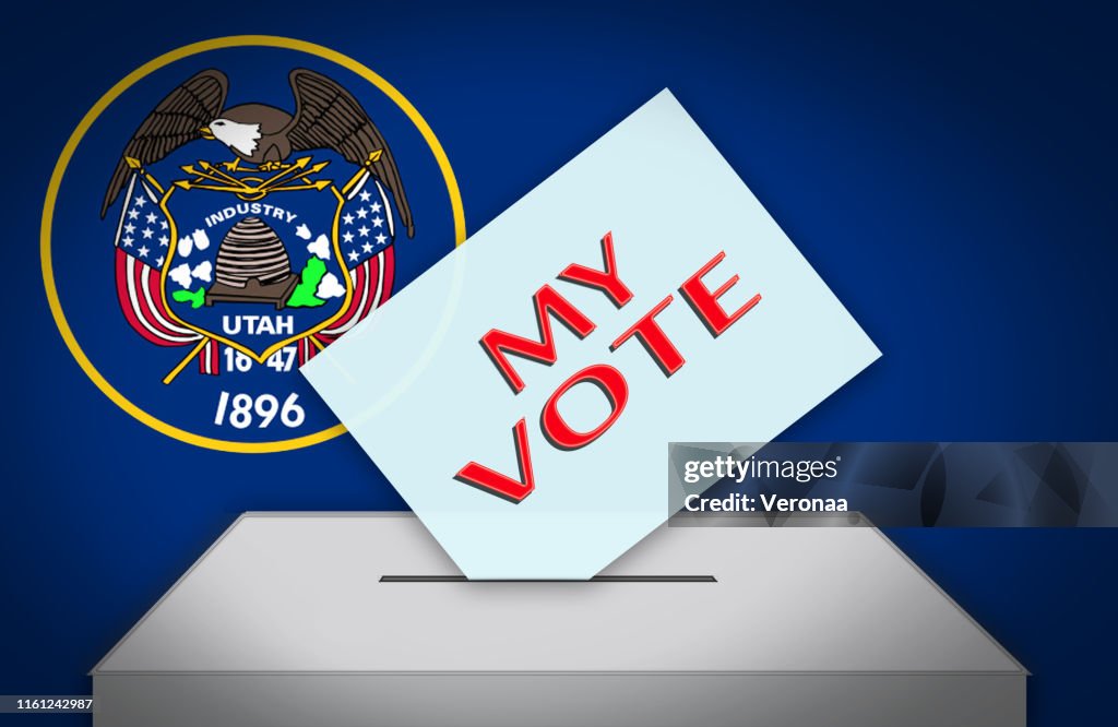 Voting ballot and box with national flag as background - UTAH, USA