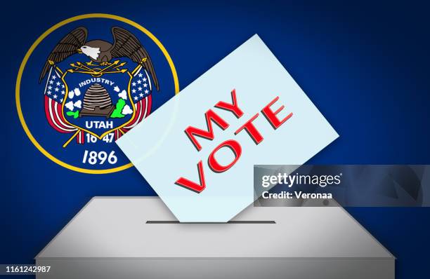 voting ballot and box with national flag as background - utah, usa - utah state flag stock illustrations