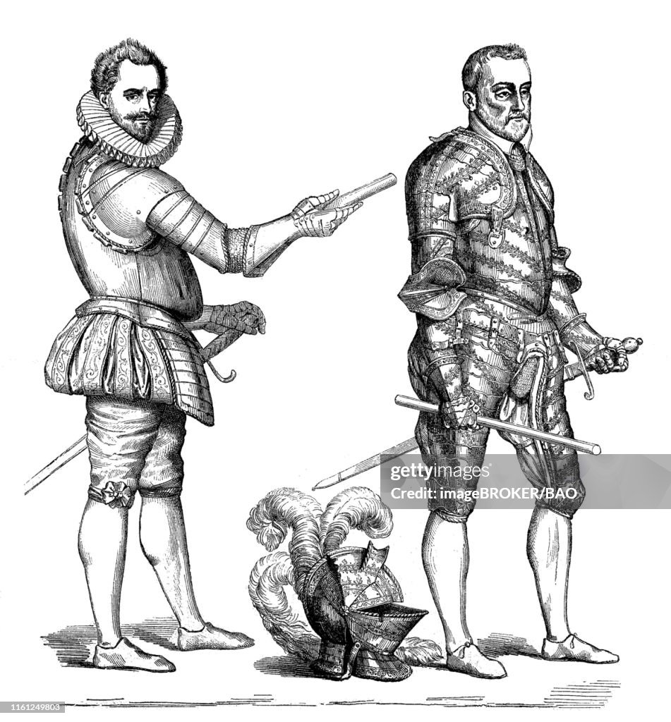 Henri I. de Lorraine, duc de Guise, Heinrich von Guise, 1550-1588, and Francois de Montmorency, Second Duke of Montmorency, 1530-1579, 1875, historical woodcut, France