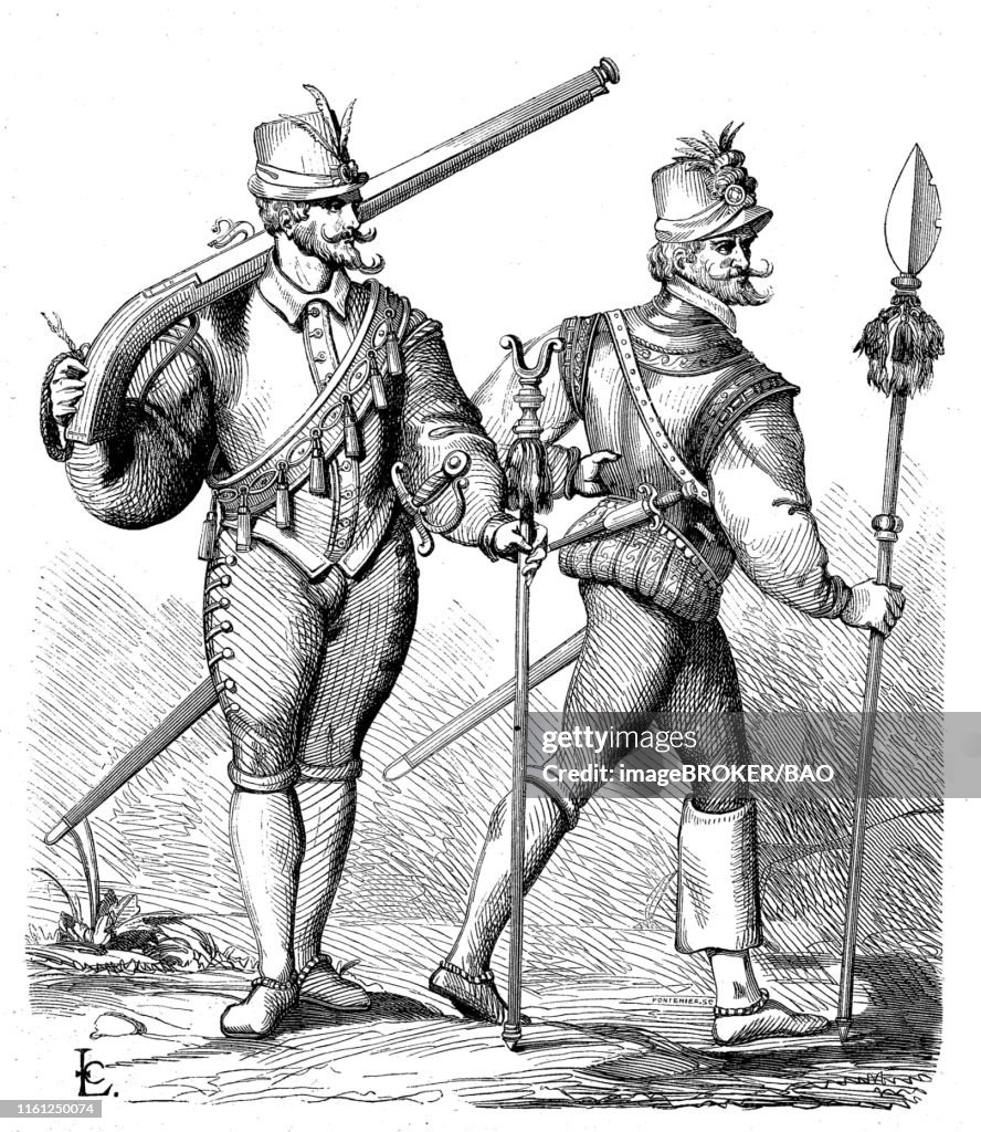 Musketeer and officer of the infantry, 16th century, 1875, historical woodcut, France