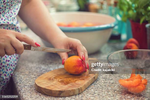 unga kvinnor skära färska aprikoser för hemlagad sylt - aprikossylt bildbanksfoton och bilder