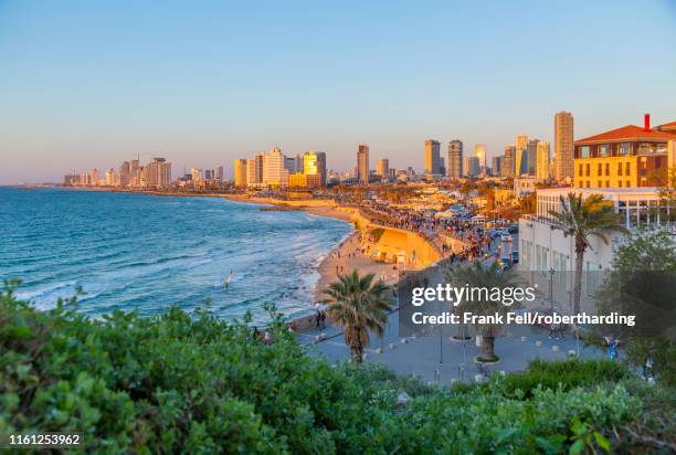 view of tel aviv from jaffa old town at sunset, tel aviv, israel, middle east - tel aviv stock-fotos und bilder