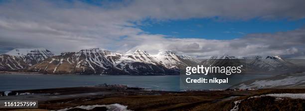 longyearbyen spitzbergen panoramic view with mountain range svalbard - svalbard islands stock pictures, royalty-free photos & images
