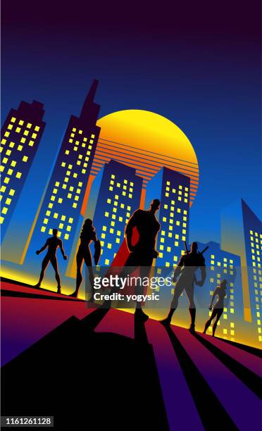 bildbanksillustrationer, clip art samt tecknat material och ikoner med vektor retro 80 ' s style superhjälte team silhouette illustration i staden - entertainment building
