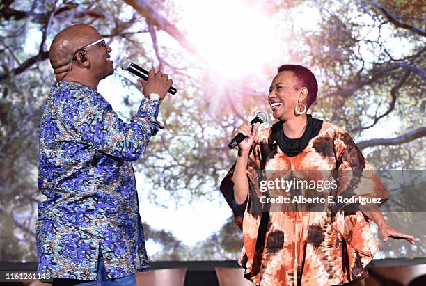 Creator/producer African vocal/choir arrangements Lebo M. And Clydene Jackson perform during the Global Press Conference for Disney’s THE LION KING...