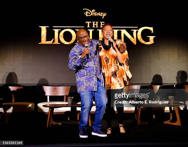Creator/producer African vocal/choir arrangements Lebo M. And Clydene Jackson perform during the Global Press Conference for Disney’s THE LION KING...