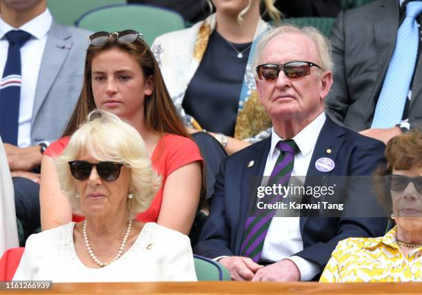 Camilla, Duchess of Cornwall and Rod Laver attend day nine of the Wimbledon Tennis Championships at All England Lawn Tennis and Croquet Club on July...