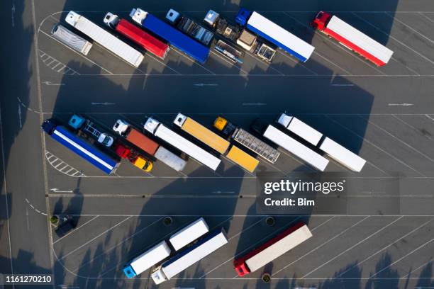 aerial view of semi trucks - food distribution stock pictures, royalty-free photos & images