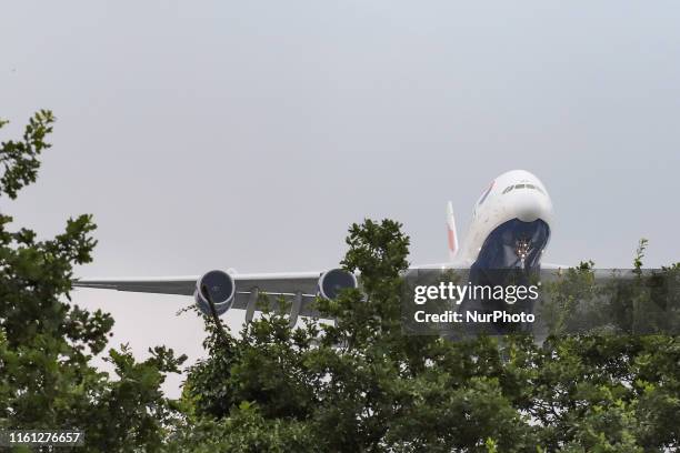 British Airways Airbus A380-800 double decker wide body aircraft with registration G-XLEF landing at London Heathrow International Airport LHR EGLL...