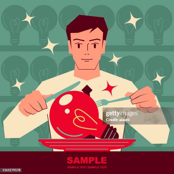 smiling handsome idea man using table knife and fork to eat a big light bulb - man ready to eat stock illustrations