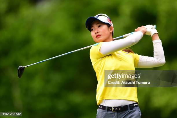 Rei Matsuda of Japan hits her tee shot on the 12th hole during the first round of the Nippon Ham Ladies Classic at Katsura Golf Club on July 11, 2019...