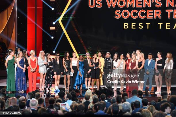 The United States Women's National Soccer Team accepts the Best Team award onstage during The 2019 ESPYs at Microsoft Theater on July 10, 2019 in Los...