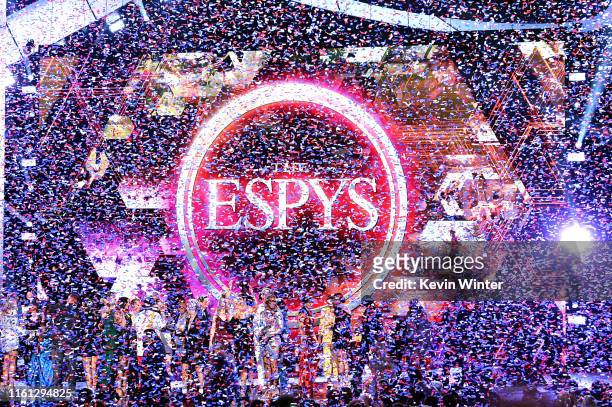 Confetti drops after the United States Women's National Soccer Team accepted the Best Team award onstage during The 2019 ESPYs at Microsoft Theater...