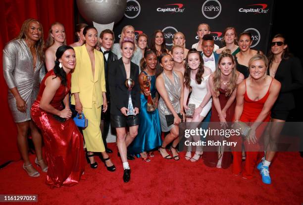 Members of the United States Women's National Soccer Team, winners of the Best Team award, pose during The 2019 ESPYs at Microsoft Theater on July...