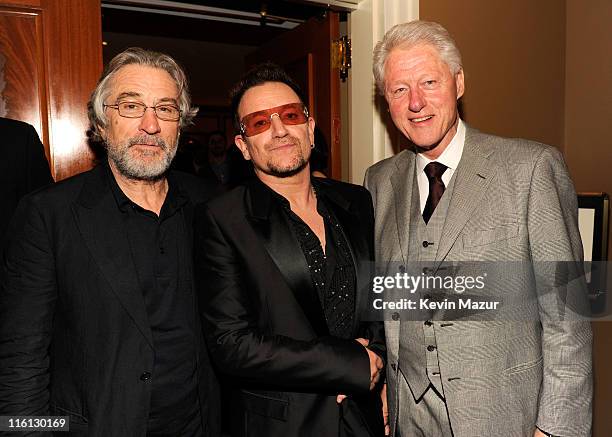 Robert De Niro, Bono of U2 and President Bill Clinton backstage at "Spider-Man Turn Off The Dark" Broadway opening night at Foxwoods Theatre on June...