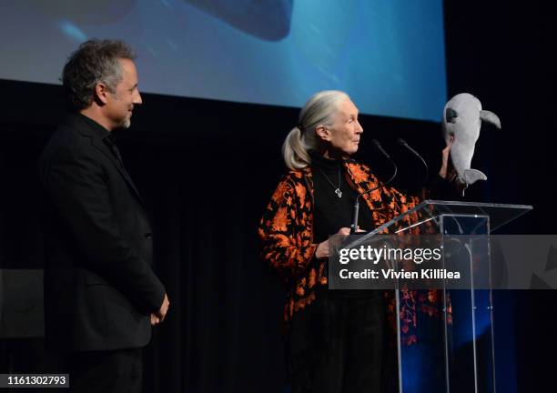 Richard Ladkani and Jane Goodall speak onstage at National Geographic Documentary Films’ SEA OF SHADOWS Los Angeles Premiere at NeueHouse Los Angeles...