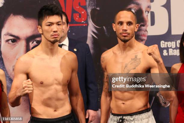 Ryota Murata and Rob Brant attend the weigh-in prior to the WBA Middleweight Title Bout on July 11, 2019 in Osaka, Japan.