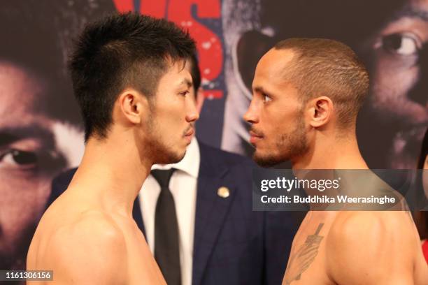 Ryota Murata and Rob Brant attend the weigh-in prior to the WBA Middleweight Title Bout on July 11, 2019 in Osaka, Japan.