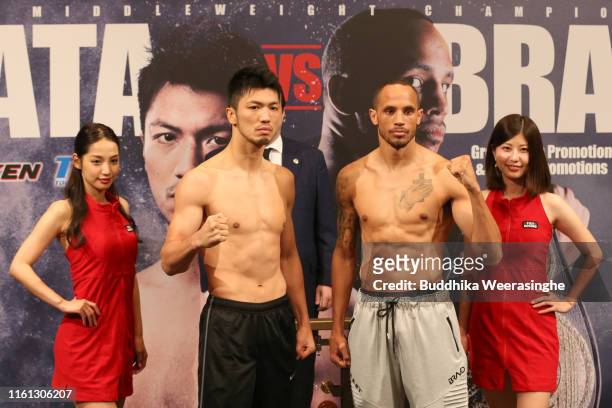 Ryota Murata and Rob Brant attend the weigh-in prior to the WBA Middleweight Title Bout on July 11, 2019 in Osaka, Japan.