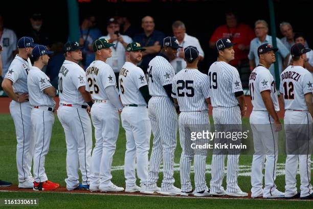 The American league lines up during the 2019 MLB All-Star Game at Progressive Field on July 09, 2019 in Cleveland, Ohio.