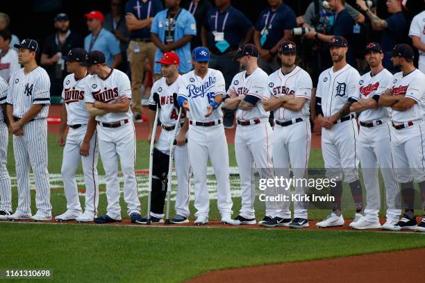 The American league lines up during the 2019 MLB All-Star Game at Progressive Field on July 09, 2019 in Cleveland, Ohio.