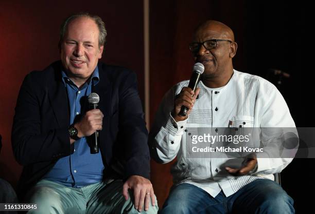 Hans Zimmer and Lebo M speak onstage at Twitter's fan premiere of Disney's #TheLionKing at Hollywood & Highland Centre on July 10, 2019 in Hollywood,...