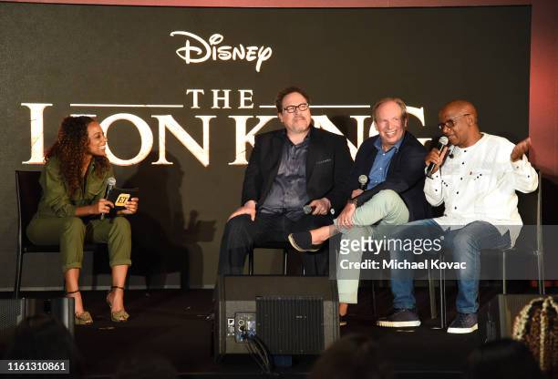 Nischelle Turner, Jon Favreau, Hans Zimmer and Lebo M. Speak onstage at Twitter's fan premiere of Disney's #TheLionKing at Hollywood & Highland...
