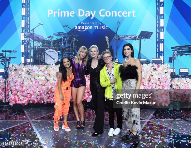 Becky G, Taylor Swift, Jane Lynch, Tyler Oakley and Dua Lipa pose onstage as Taylor Swift, Dua Lipa, SZA and Becky G perform at The Prime Day...