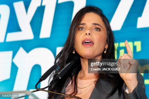 Former Israeli Justice Minister Ayelet Shaked attends the launch of the political party "Yemina" on August 12, 2019 in the Israeli city of Ramat Gan....
