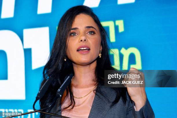 Former Israeli Justice Minister Ayelet Shaked attends the launch of the political party "Yemina" on August 12, 2019 in the Israeli city of Ramat Gan....