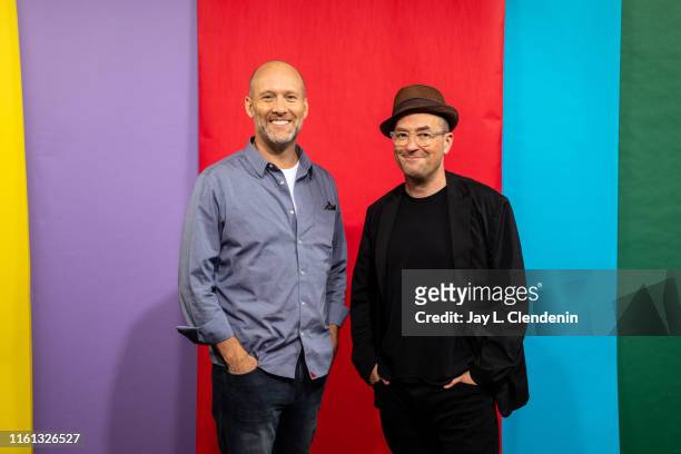 Screenwriters Stephen McFeely and Christopher Markus are photographed for Los Angeles Times at Comic-Con International on July 19, 2019 in San Diego,...