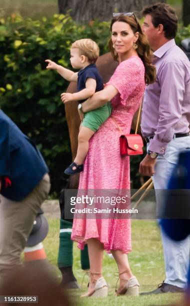 Catherine, Duchess of Cambridge and Prince Louis attend The King Power Royal Charity Polo Day at Billingbear Polo Club on July 10, 2019 in Wokingham,...
