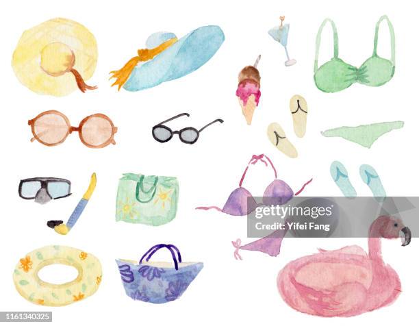 summer beach items watercolour - cartoon character hats stock pictures, royalty-free photos & images