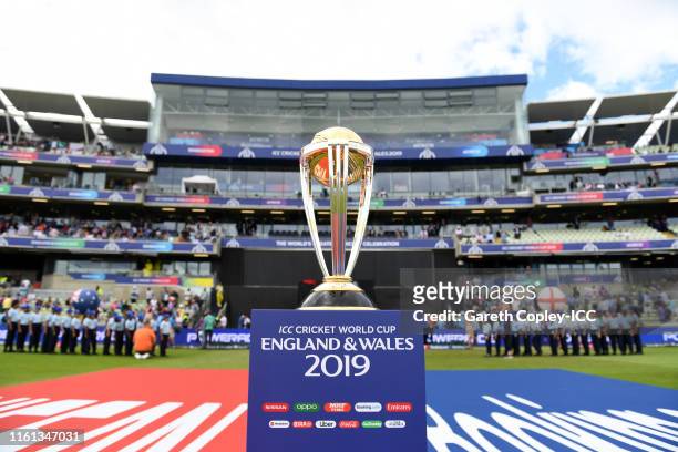 General view of the World Cup Trophy during the Semi-Final match of the ICC Cricket World Cup 2019 between Australia and England at Edgbaston on July...