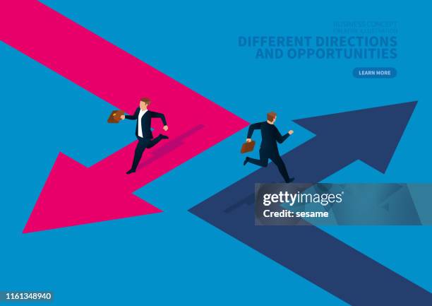 two businessmen run in different directions - different paths stock illustrations