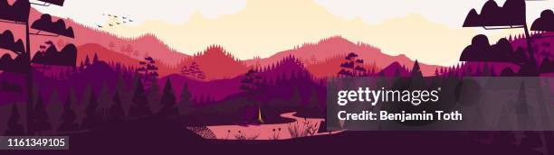 ilustrações de stock, clip art, desenhos animados e ícones de flat minimal forest mountain landscape panorama - landscape purple