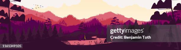 flat minimal forest mountain landscape panorama - simple landscape stock illustrations