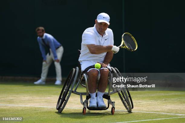 David Wagner of the United States plays a backhand in his Quad Wheelchair Singles match against Andy Lapthorne of Great Britain during Day Ten of The...