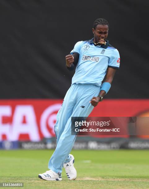 Jofra Archer of England celebrates after taking the wicket of Glenn Maxwell of Australia during the Semi-Final match of the ICC Cricket World Cup...