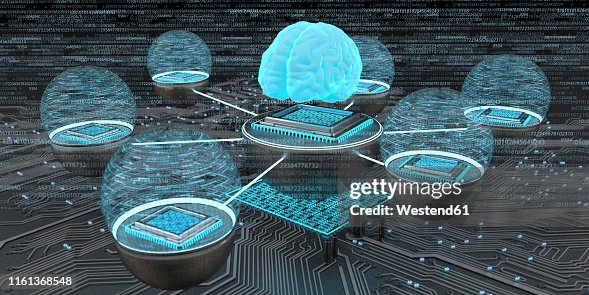 Developent of the artificial intelligence, Human brain with networked microchips, 3D Illustration Developent of the artificial intelligence, Human brain with networked microchips, 3D Illustration