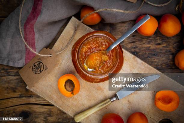 apricot jam and apricots on dark wood - aprikossylt bildbanksfoton och bilder