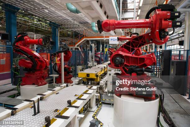 General view of the installation of the first robot of the new Fiat 500 BEV construction line at Mirafiori Motorvillage on July 11, 2019 in Turin,...