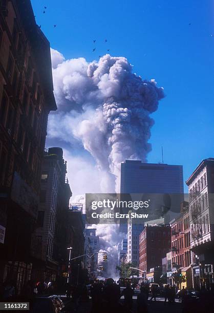 Smoke billows from the World Trade Center's twin towers after they were struck by commerical airliners in a suspected terrorist attack September 11,...