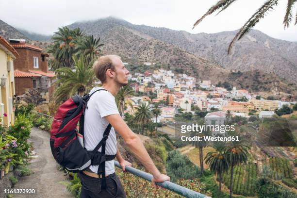 hiker enjoying the view, vallehermoso, la gomera, canary islands, spain - gomera ストックフォトと画像